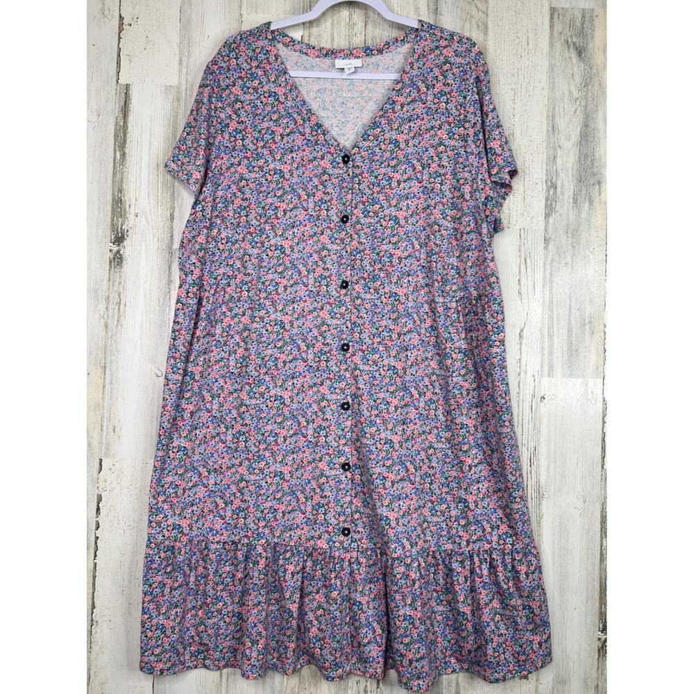 J. Jill Button Front Dress 2X Pink Blue Floral Cotton Tencel Cottagecore Ruffle